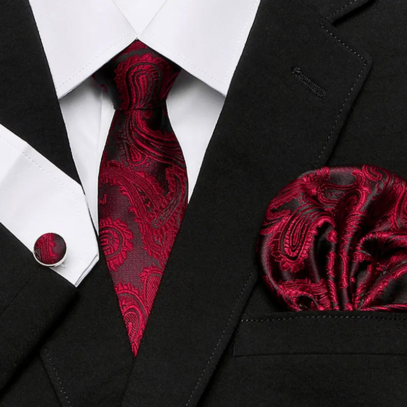 Men`s Tie Silk Red Plaid Print Jacquard Woven Tie + Hanky + Cufflinks Sets for Formal Wedding Business Party Free Postage