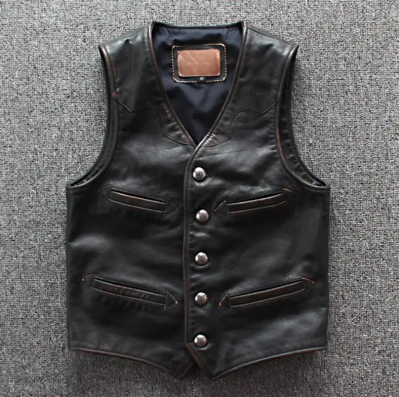 Men Cowhide Genuine Leather Vest  Motorcycle Biker Leather Vests Mens Real Leather Vintage Casual Sleeveless Jackets Waistcoat