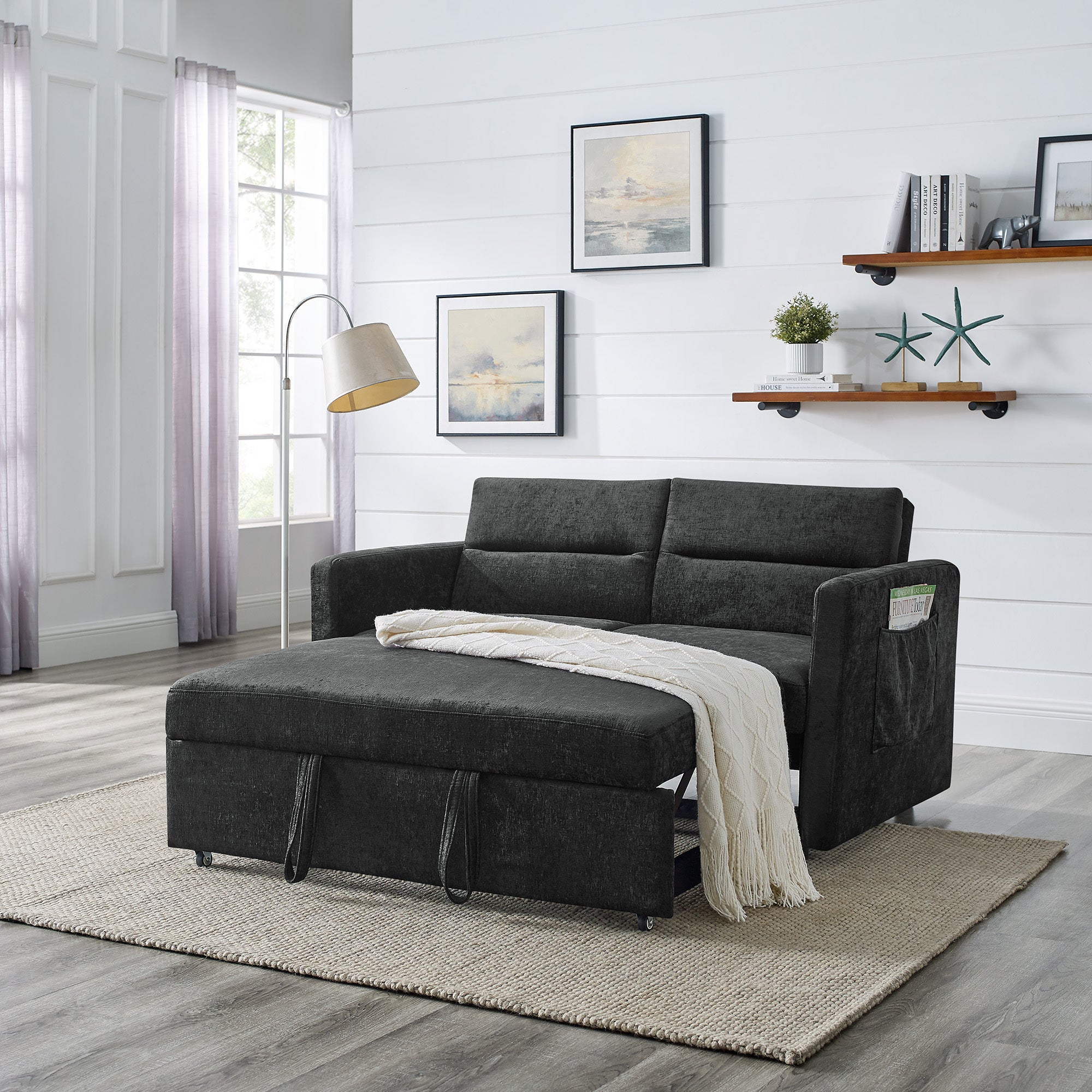 Loveseats Sofa Bed With Pull-Out Bed,Adjsutable Back and Two Arm Pocket,Black (54.5