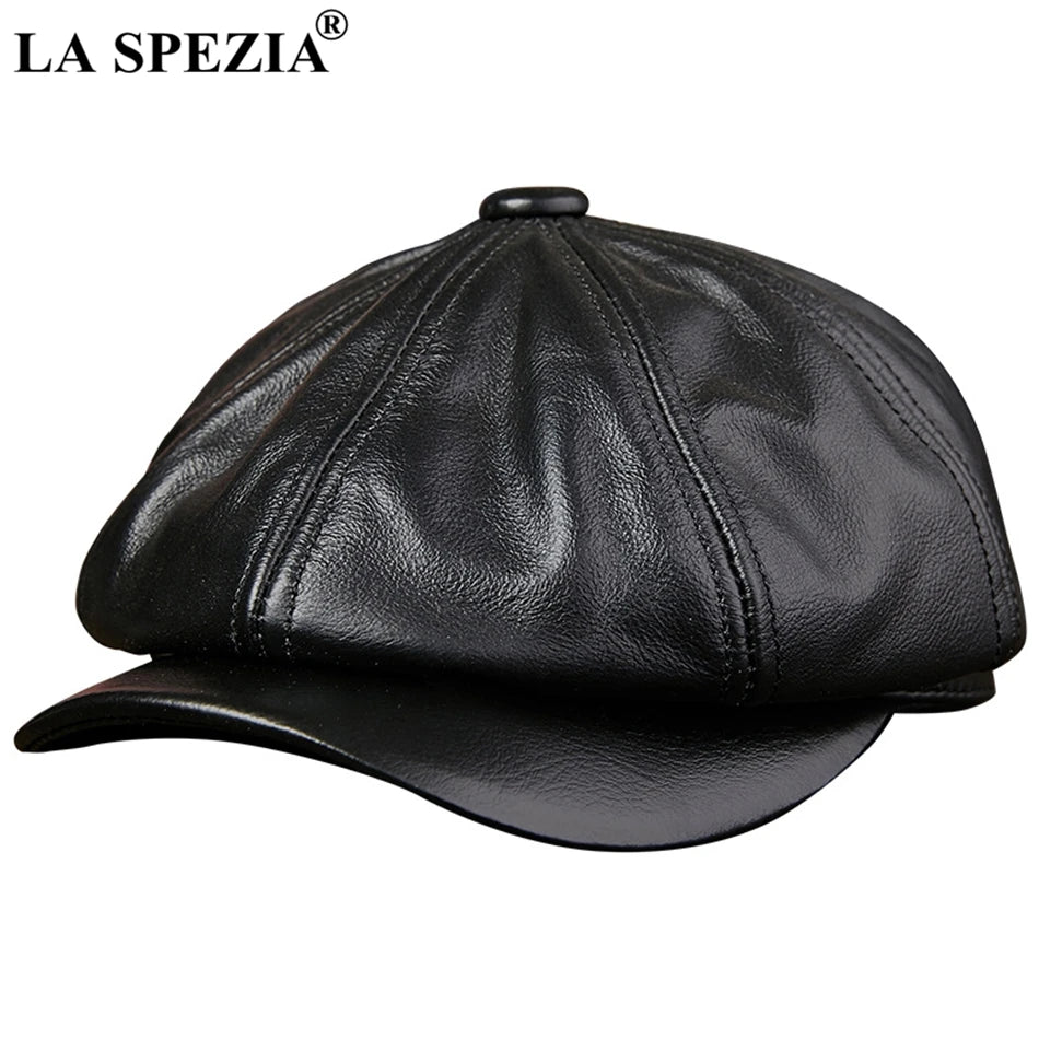 LA SPEZIA Black Newsboy Hats for Men Genuine Cowskin Leather Octagonal Cap Male Autumn Winter Fitted Vintage Duckbill Hats Beret