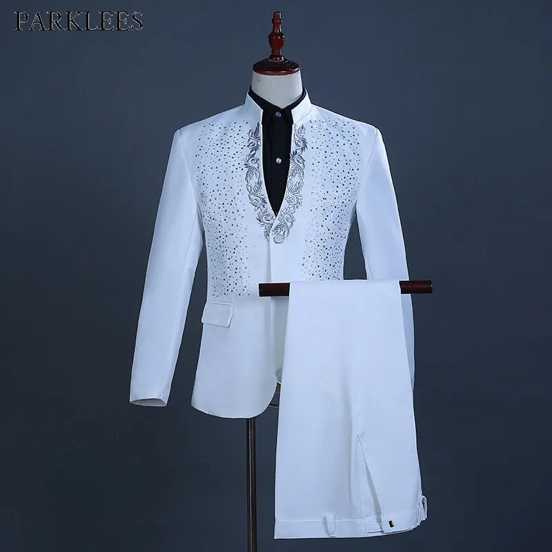 White Embroidered Diamond Suit Men Wedding Groom Tuxedo Suits Mens Stand Collar Prom Stage Costume Mens Suits With Pants Ternos