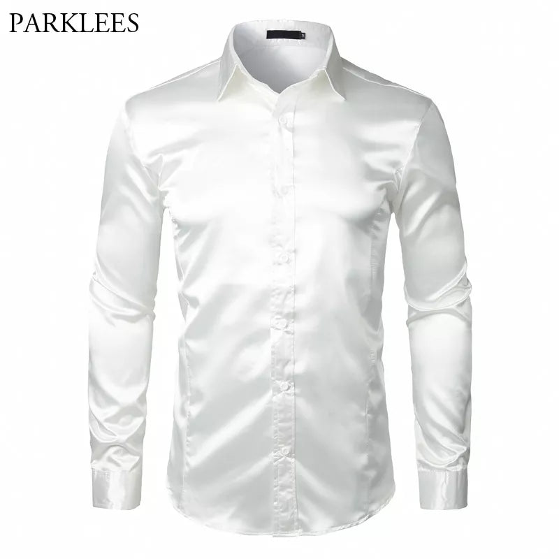 Stylish White Silk Satin Shirt Men Chemise Homme 2023 Casual Long Sleeve Slim Fit Mens Dress Shirts Business Wedding Male Shirt