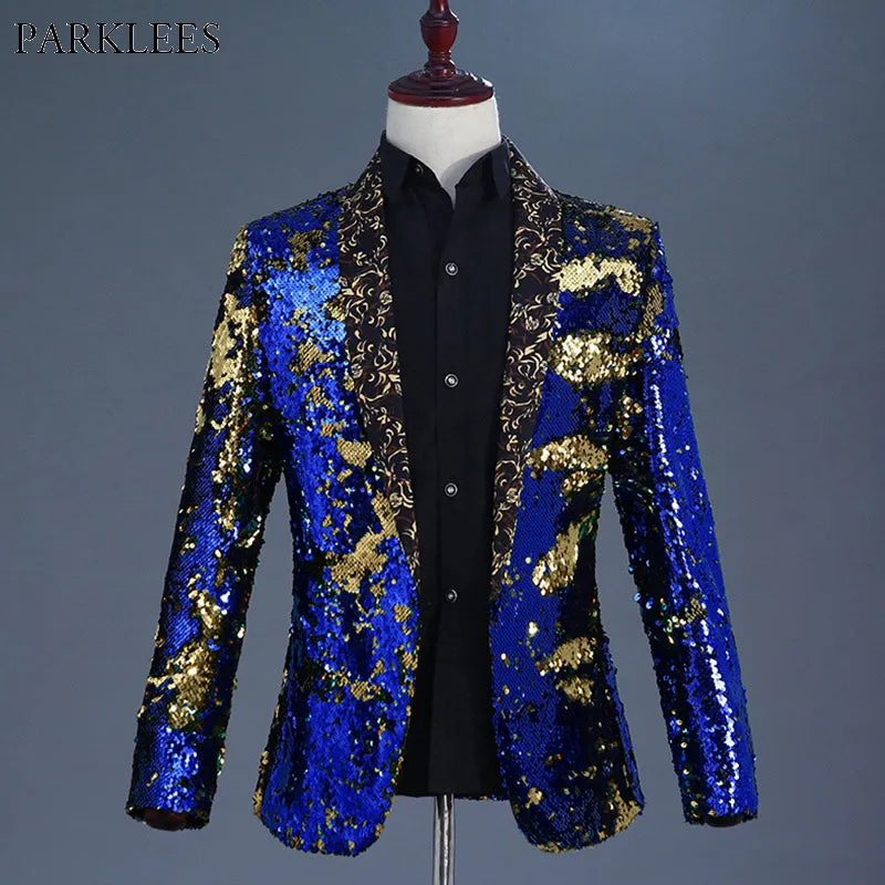Luxury Royal Blue Sequin Dress Blazer Men Nightclub Stage Shawl Collar Mens Suit Jacket Wedding Party Stage Blazer Masculino 2XL