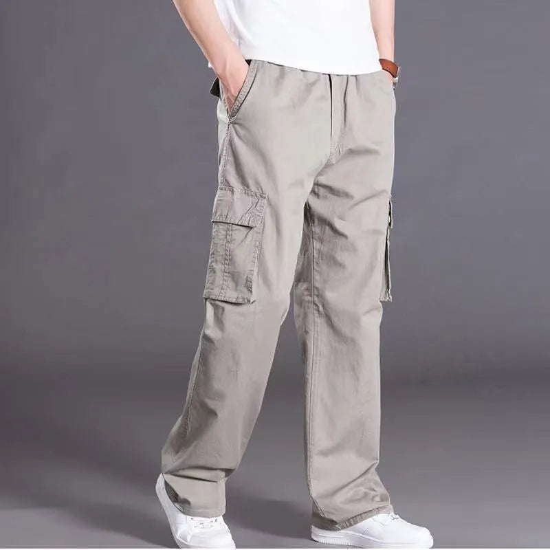 Men's Casual Trousers Cotton Overalls Elastic Waist Full Len Multi-Pocket Plus Fertilizer XL Men's Clothing Big Size Cargo Pants