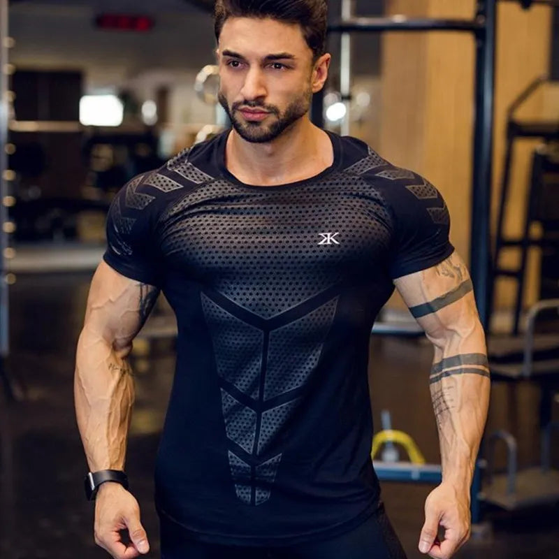 Compression Quick Dry T-Shirt Men Running Sport Skinny Short Tee Shirt Male Gym Fitness Bodybuilding Workout Black Tops Clothing