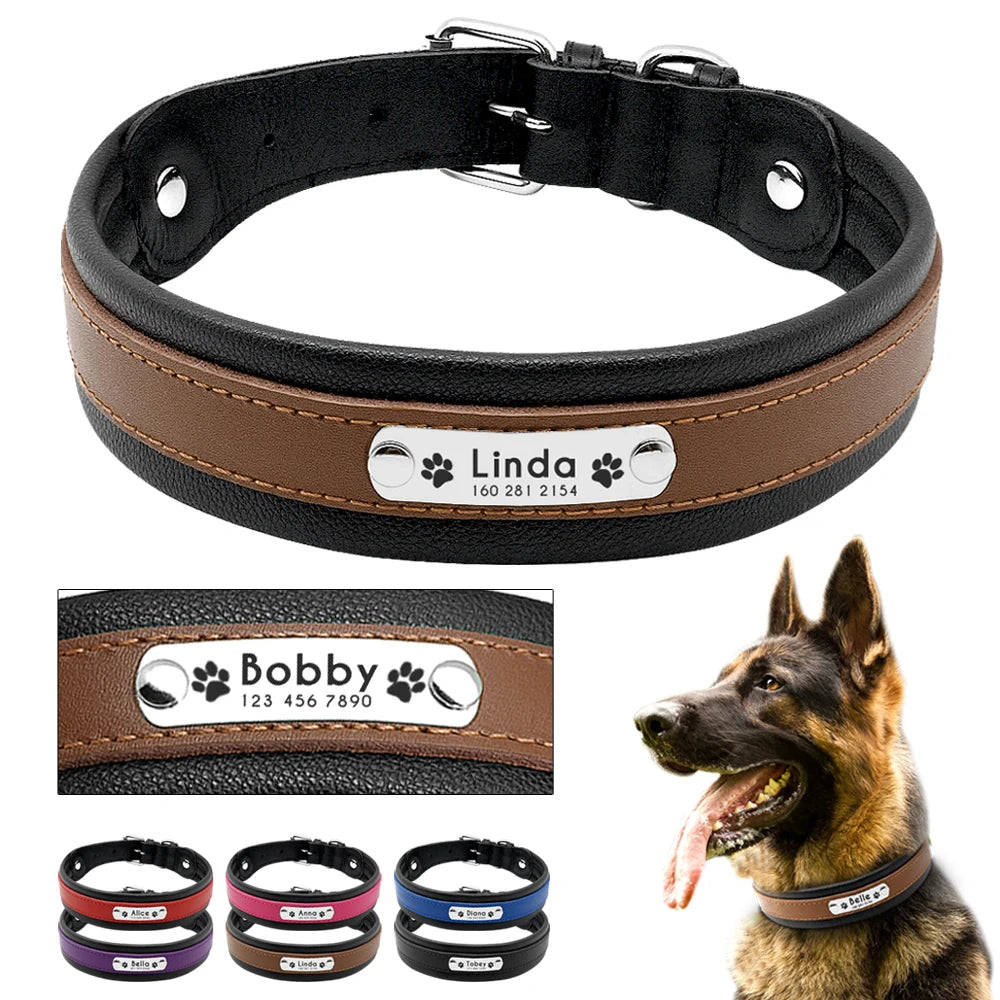 Large Dog Collar Genuine Leather Dog Collar Personalized Pet Name ID Collar Padded Customized for Medium Large Dogs