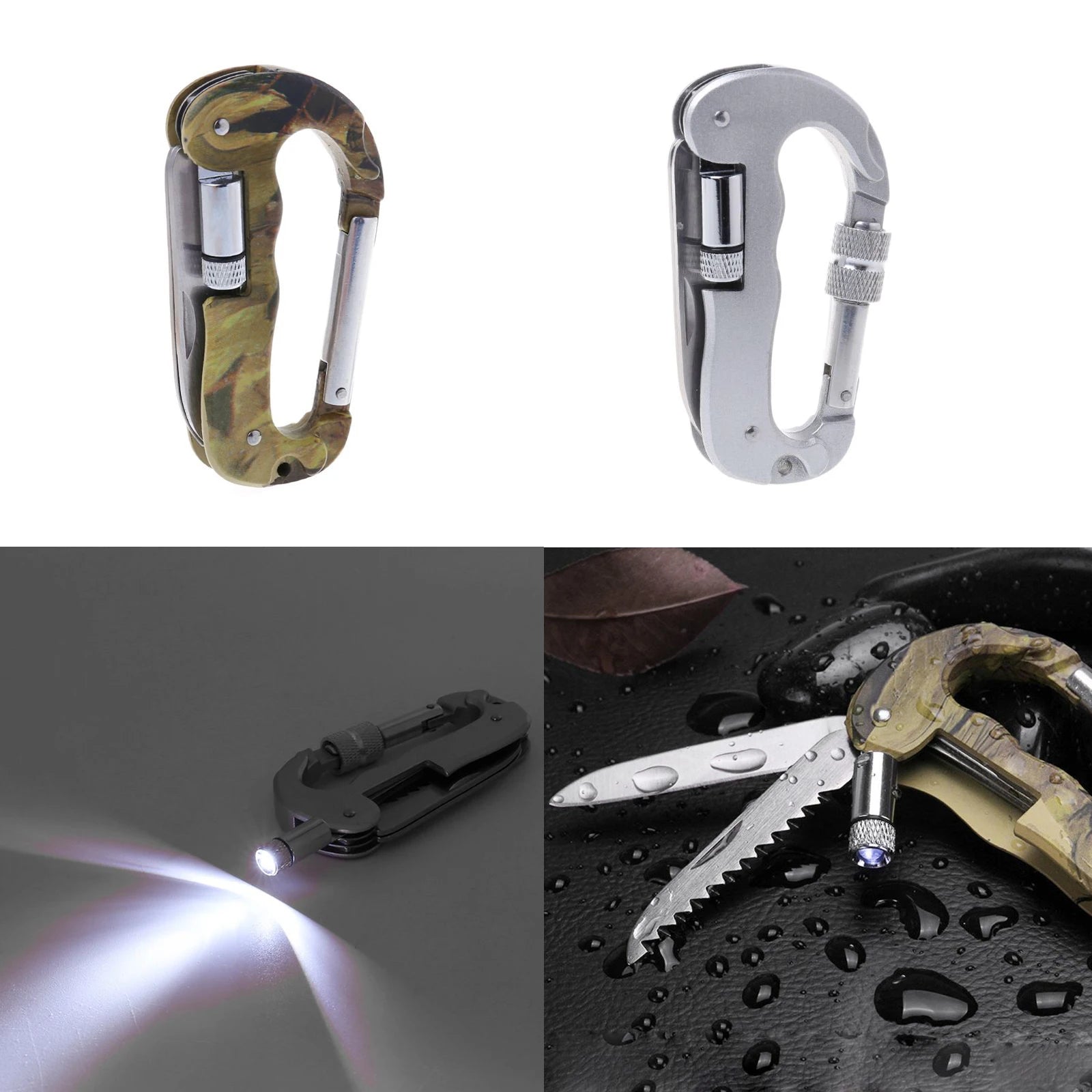 Outdoor EDC Multi Tool Tactical Camo Camping Climbing Carabiner Hook Knife LED