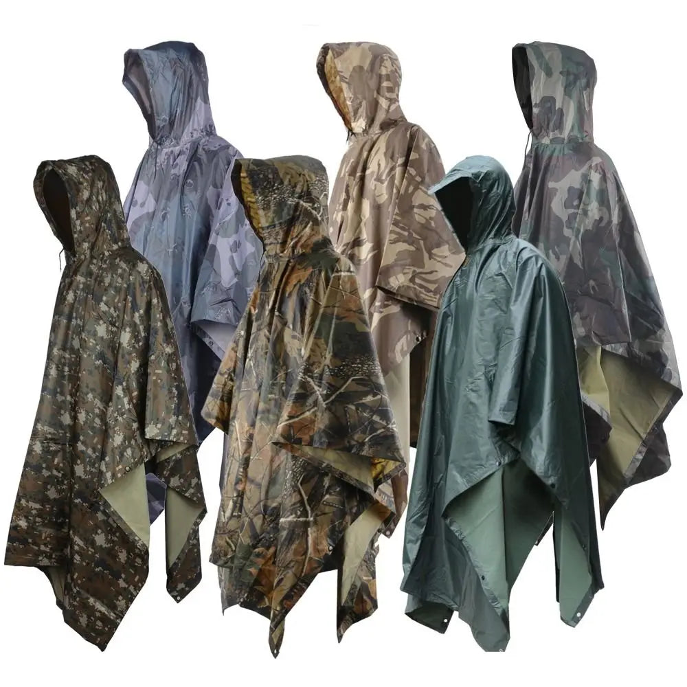 Rain Poncho Waterproof Camouflage Rain Coat Outdoor Camo Sun Shelter Ground Sheet Tarp for Hammock Camping Tent Awning Canopy