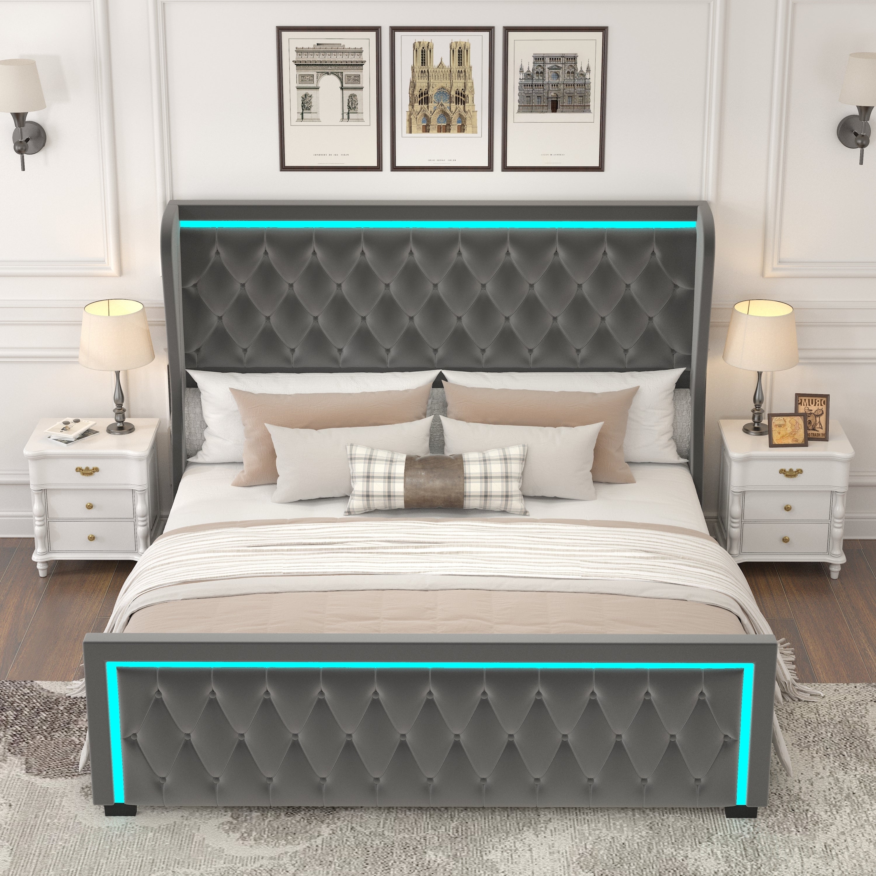 Queen Platform Bed Frame With High Headboard, Velvet Upholstered Bed With Deep Tufted Buttons, Adjustable Colorful LED L