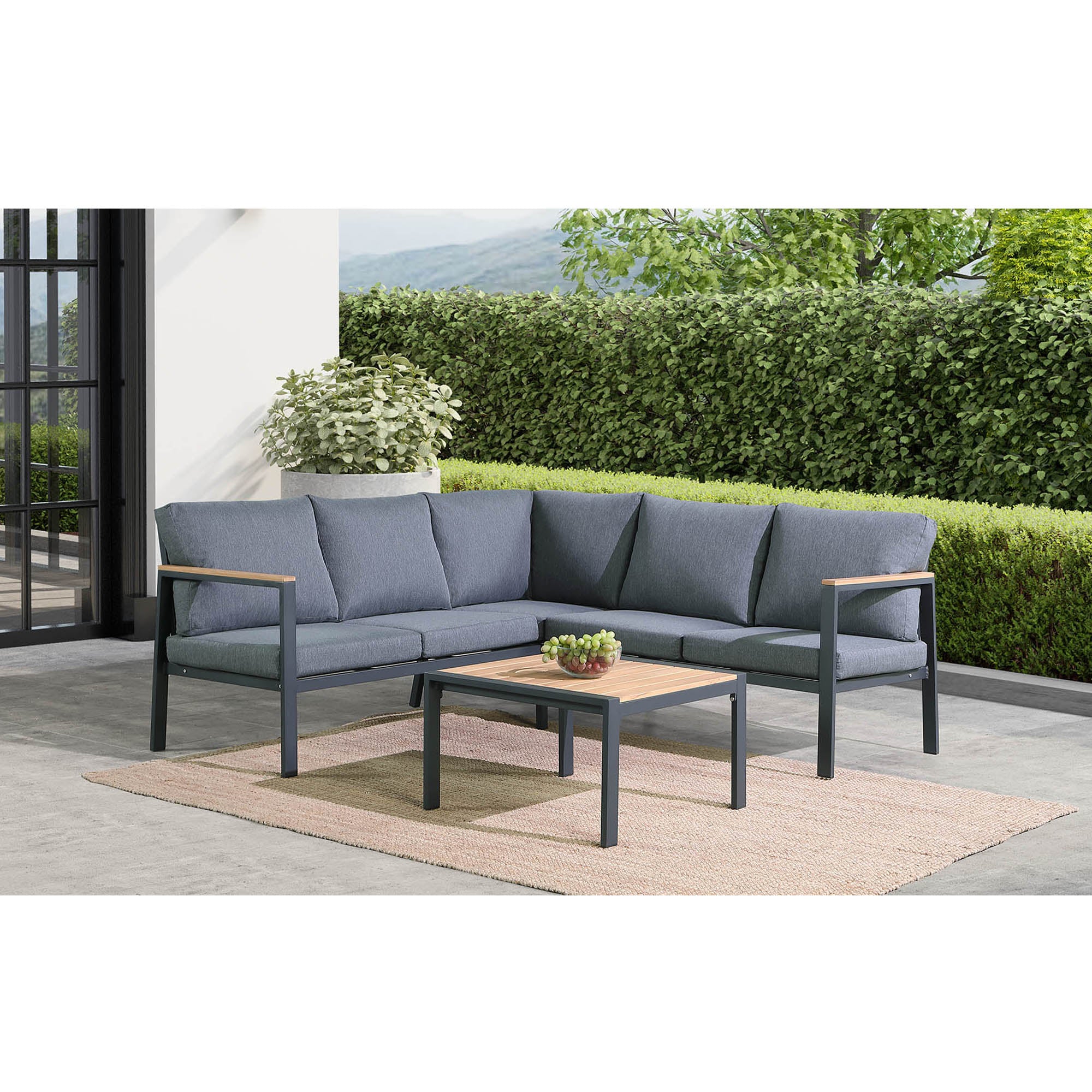 HIGOLD Rossio Outdoor 4 Piece Sectional Sofa,Matte Charcoal Aluminum Frame,Teak Finished