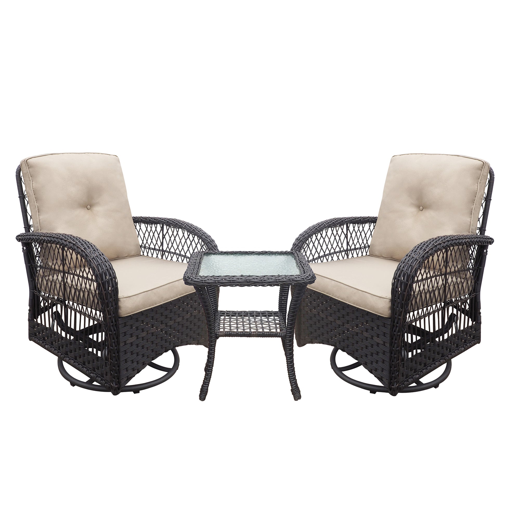 360-Degree Patio Wicker Swivel Rocker Chairs Set;  Outdoor Rattan Rocking Bistro Sets With Cushions and Table; Dark Brow