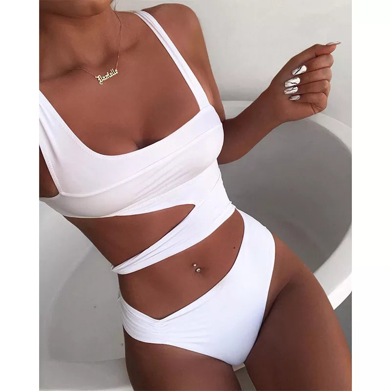 2025 New Sexy White One Piece Swimsuit Women Cut Out Swimwear Push Up Monokini Bathing Suits Beach Wear Swimming Suit for Women