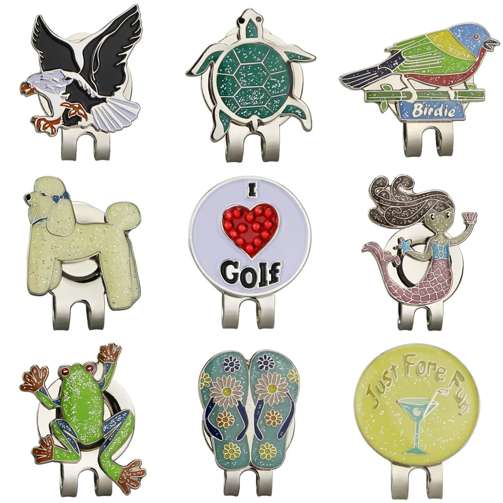 1pc Golf Ball Marker With Magnet Golf Cap Clips Shining Alloy Mark for Golfer Love Tortoise Slipper Dog Mermaid Birdie Eagle