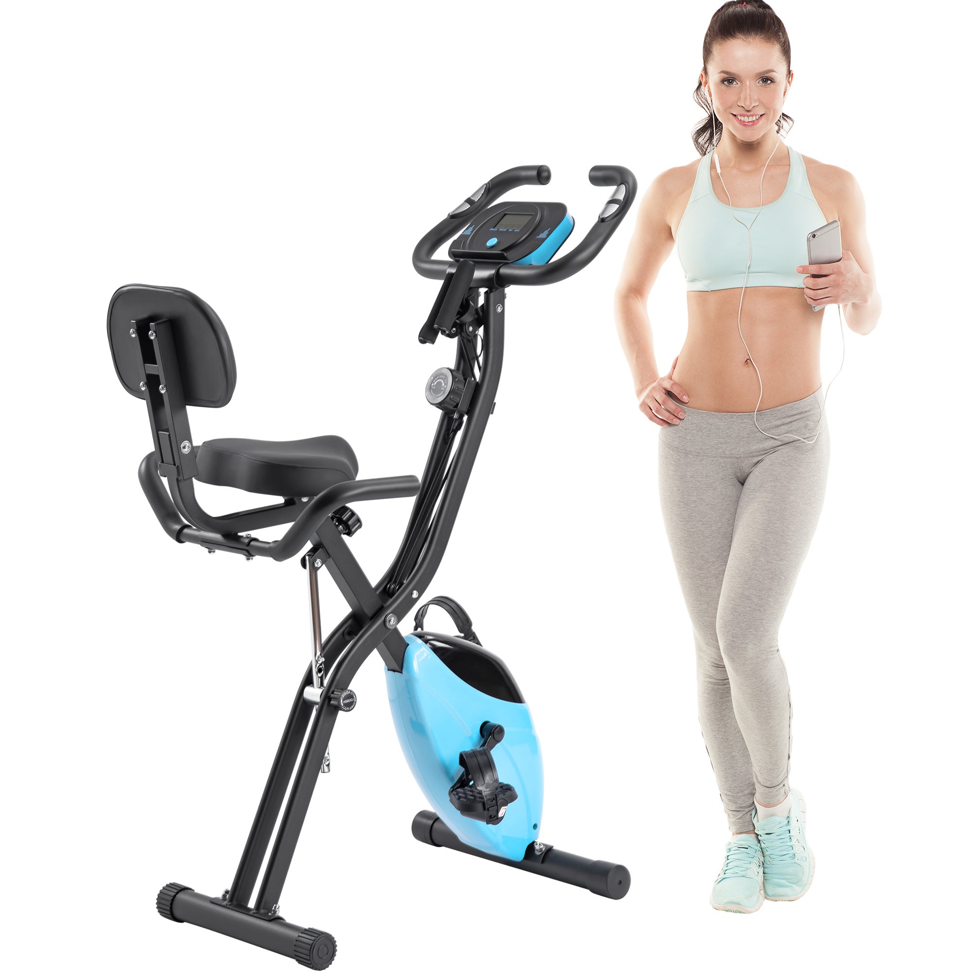 Folding Exercise Bike, Fitness Upright and Recumbent X-Bike With 10-Level Adjustable Resistance, Arm Bands and Backrest