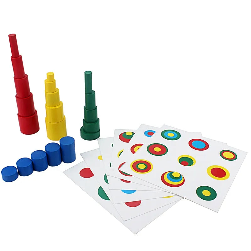 Montessori Sensory Toys Colors Shapes 20Pcs Wood Cylinder Blocks With 6Pcs Stand Card Colorful Compare the Size/Color Small Size