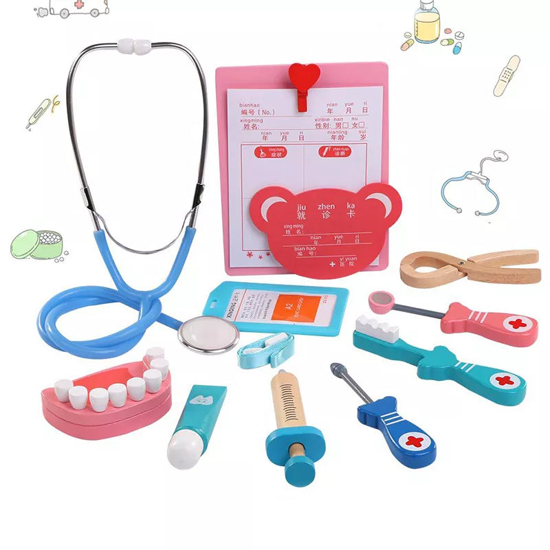 Unisex Toddler Pretend Play Stethoscope Toy Doctor Toys Wood Simulation Dentist Toy Accessories Small Nurses Injection Tool Girl