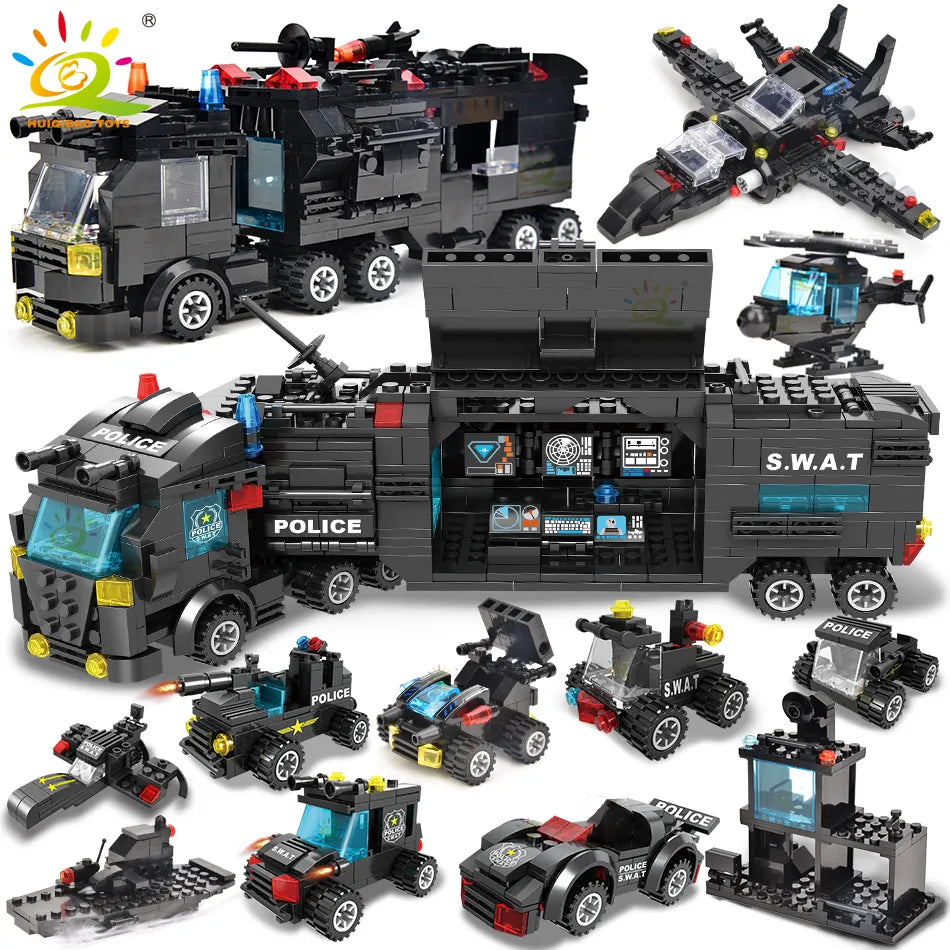 HUIQIBAO SWAT Police Station Truck Model Building Blocks City Machine Helicopter Car Figures Bricks Educational Toy for Children