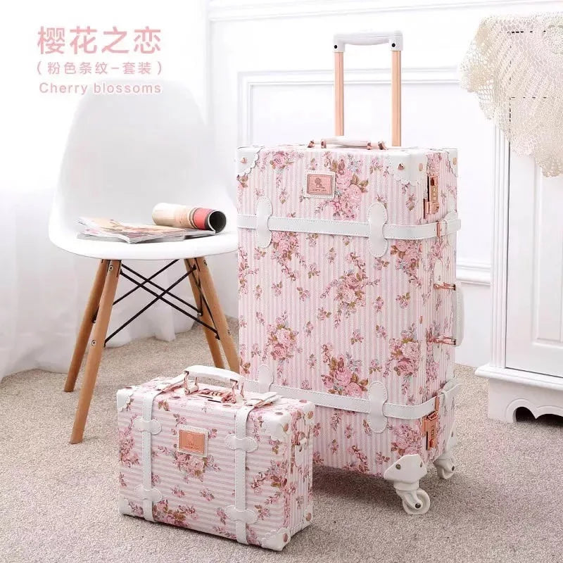 Flower 2pcs/Set Vintage Luxury PU Travel Luggage With Handbag Women Retro Trolley Suitcase Bag Girls Cosmetic Makeup Valise