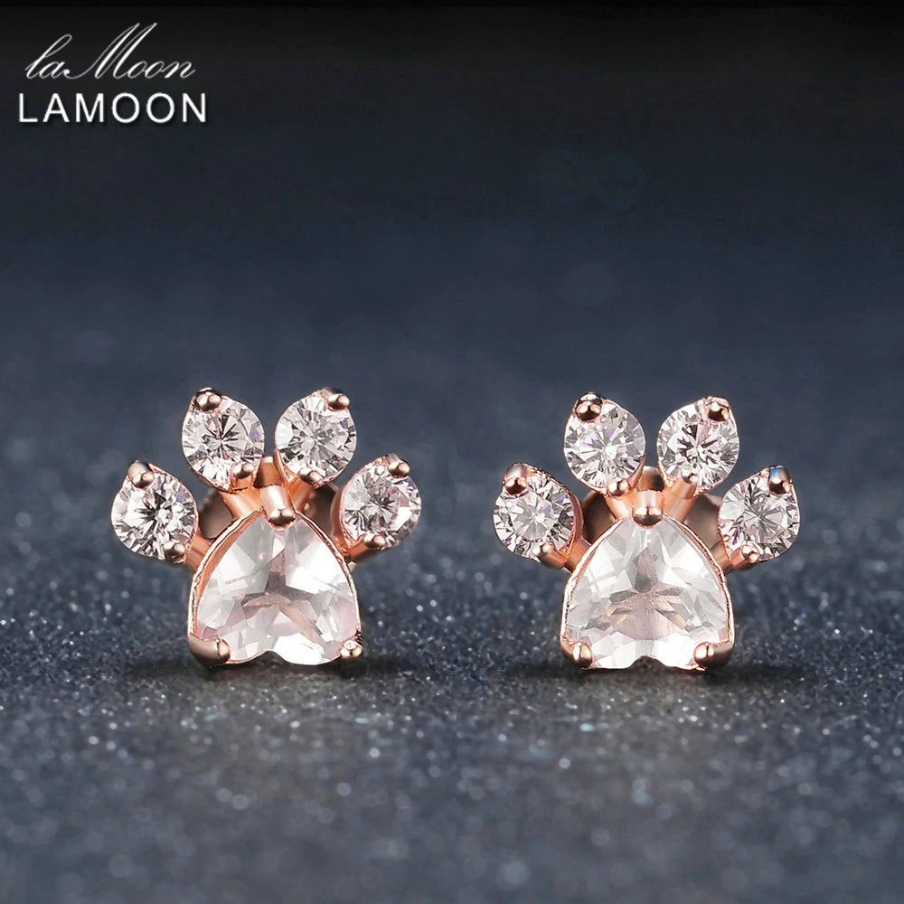 LAMOON Cat Paw 925 Sterling Silver Earrings for Women Rose Quartz Stud Earring Gemstone Stud Earings Fine Jewelry EI040-2