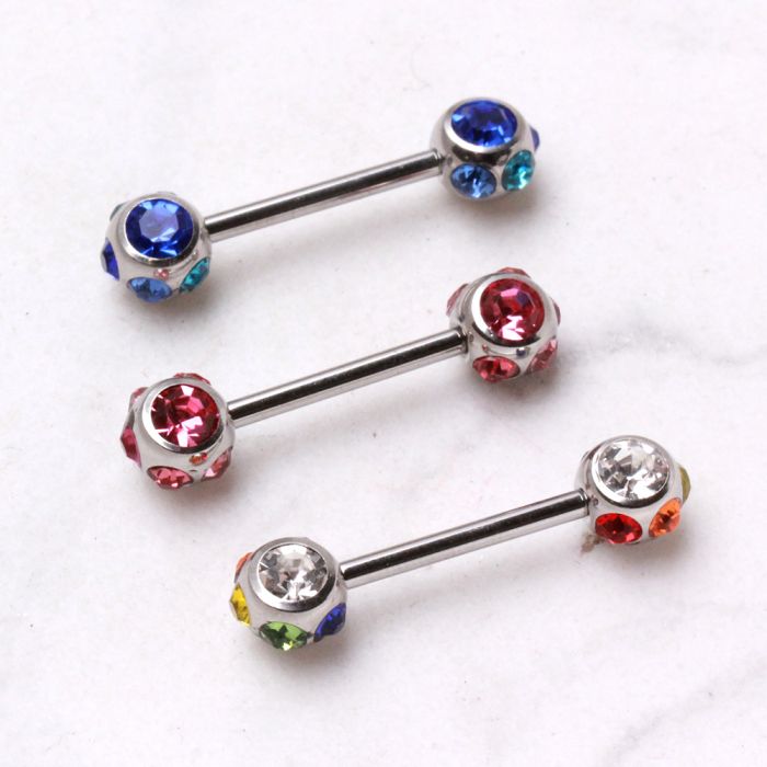316L Surgical Steel Nipple Bar With Multi-Gemmed Balls