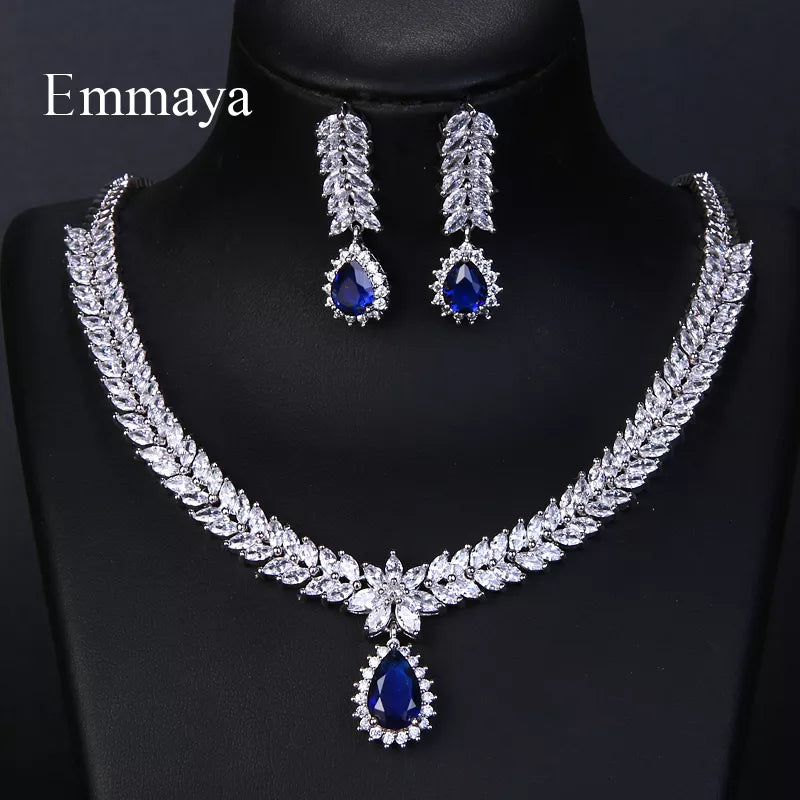 Emmaya Luxury AAA Cubic Zircon 4 Colors Water Drop Wedding Earrings Necklace for Women Bridal Jewelry Sets Party Accessories