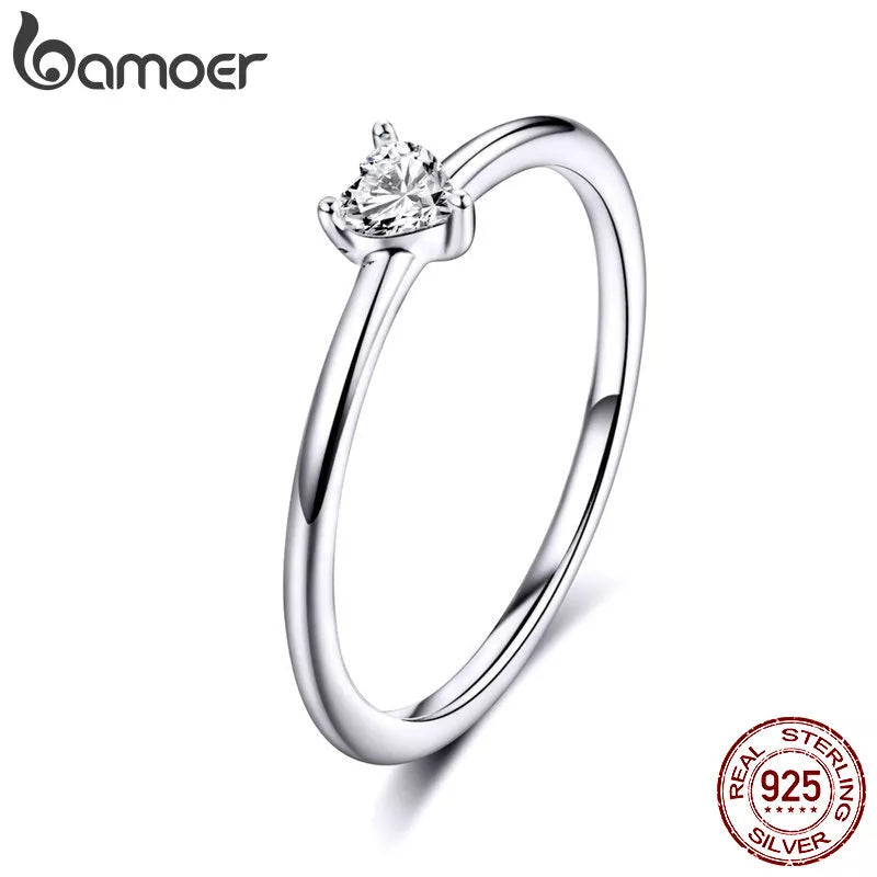 BAMOER HOT SALE 925 Sterling Silver Heart Clear CZ Simple Finger Rings for Women Engagement Wedding Statement Jewelry  SCR498