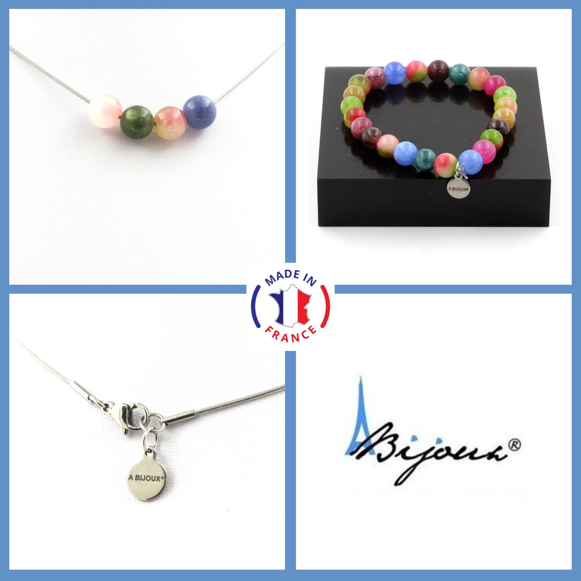 Jewelry set Bracelet Necklace 4 beads Multicolor Tourmaline + Watermelon Tourmaline 8 mm. Stainless steel chain.