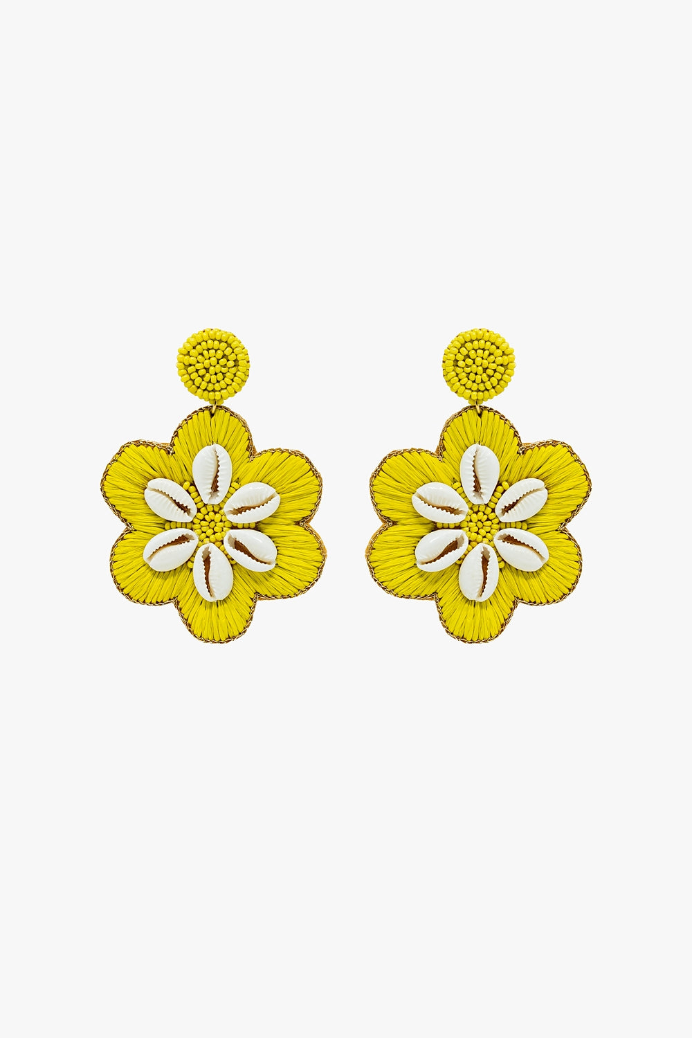 Maxi Embroidered Flower Rafia Earrings With Sea Shell Details in Lime