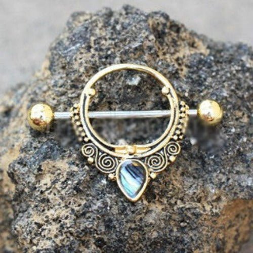 Gold Plated Ornate Nipple Shield With Tear Drop Abalone