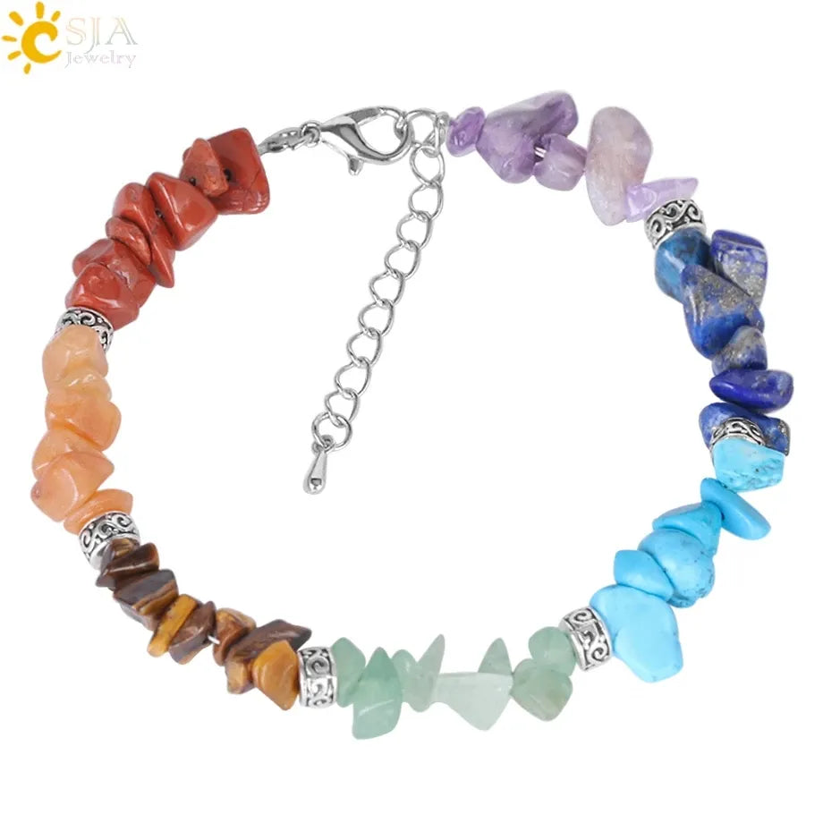 CSJA Reiki 7 Chakras Bracelets Crystal Bracelets Women Chain Link Healing Balance Natural Stone Beads Meditation Rainbow E446