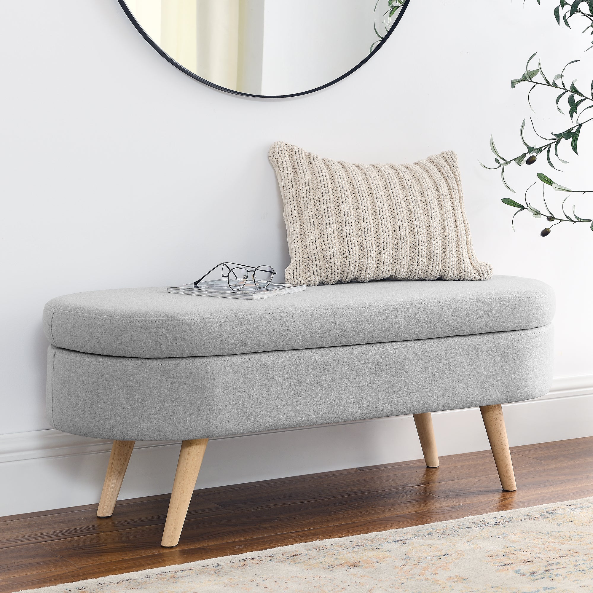 Ottoman Oval Storage Bench, Rubber Wood Legs, Grey(43.5