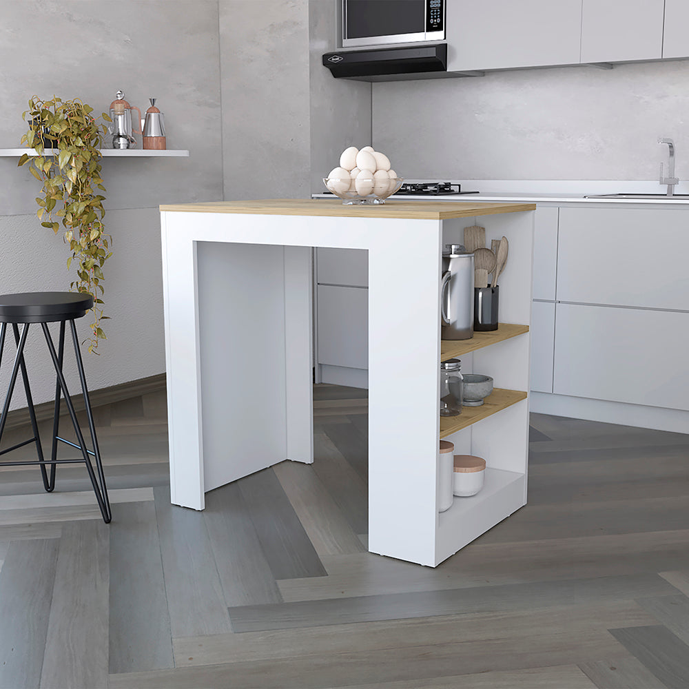 Kitchen Island with Three Side Shelves Doyle, White / Light Oak