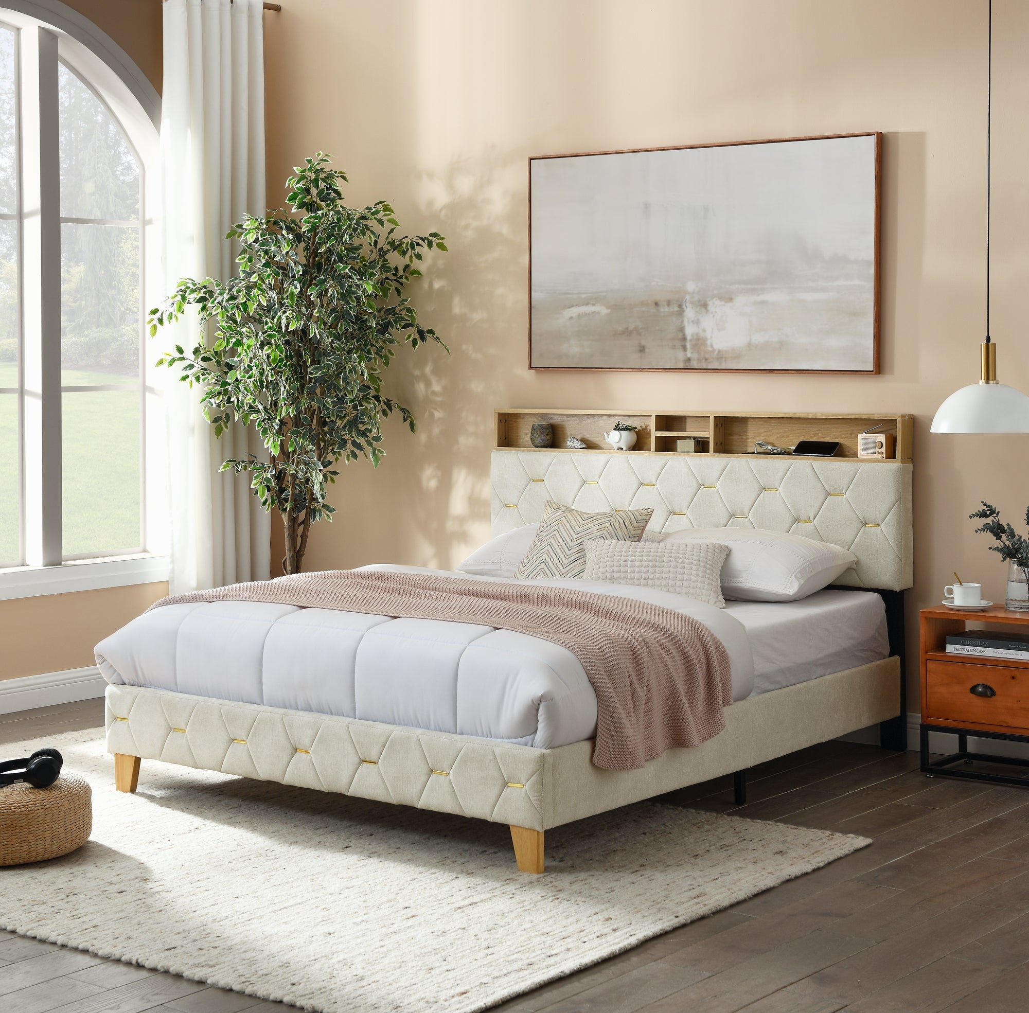 Queen Size Bed Frame, Shelf Upholstered Headboard, Platform Bed With Outlet & USB Ports, Wood Legs, No Box Spring Needed