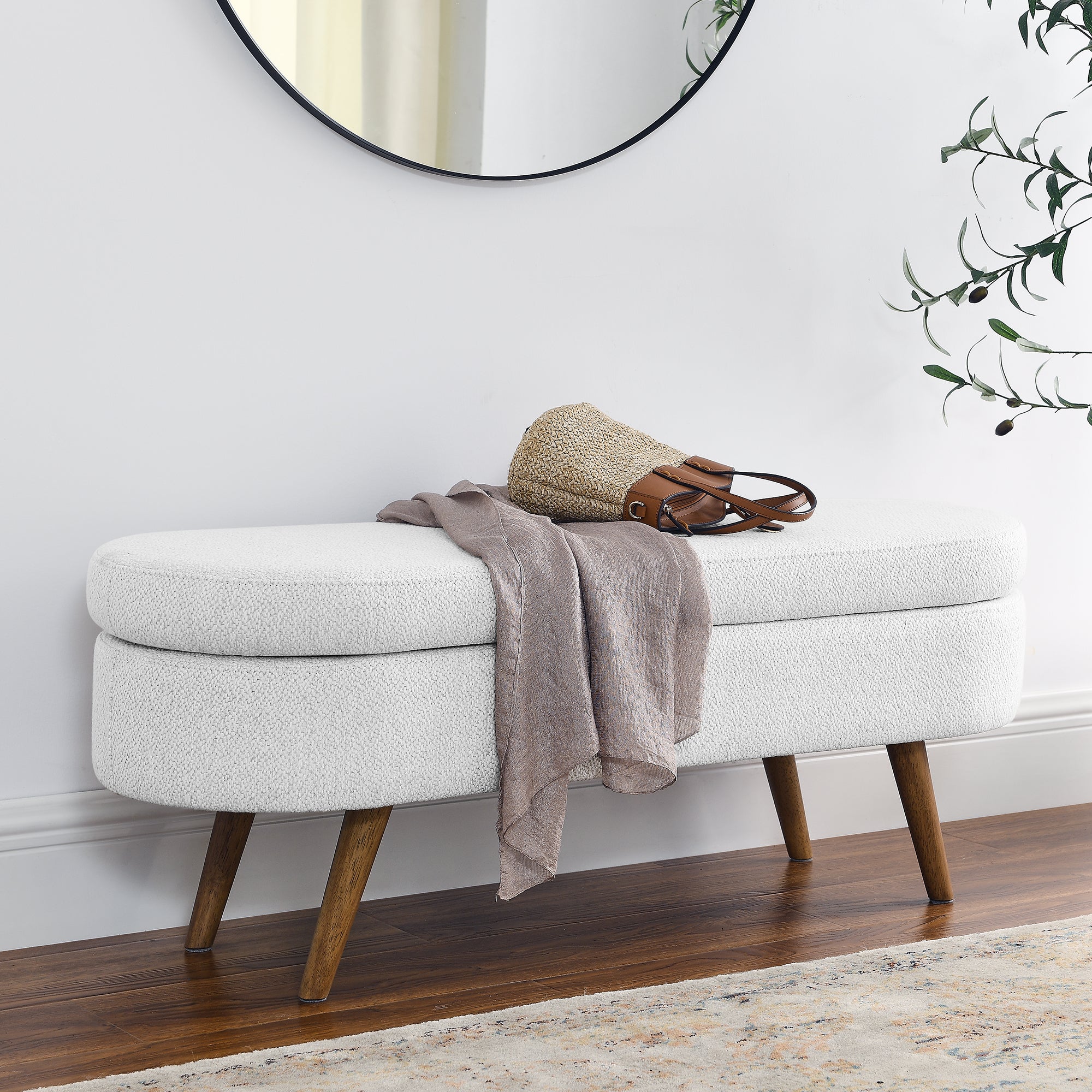 Ottoman Oval Storage Bench,Rubber Wood Legs,White(43.5