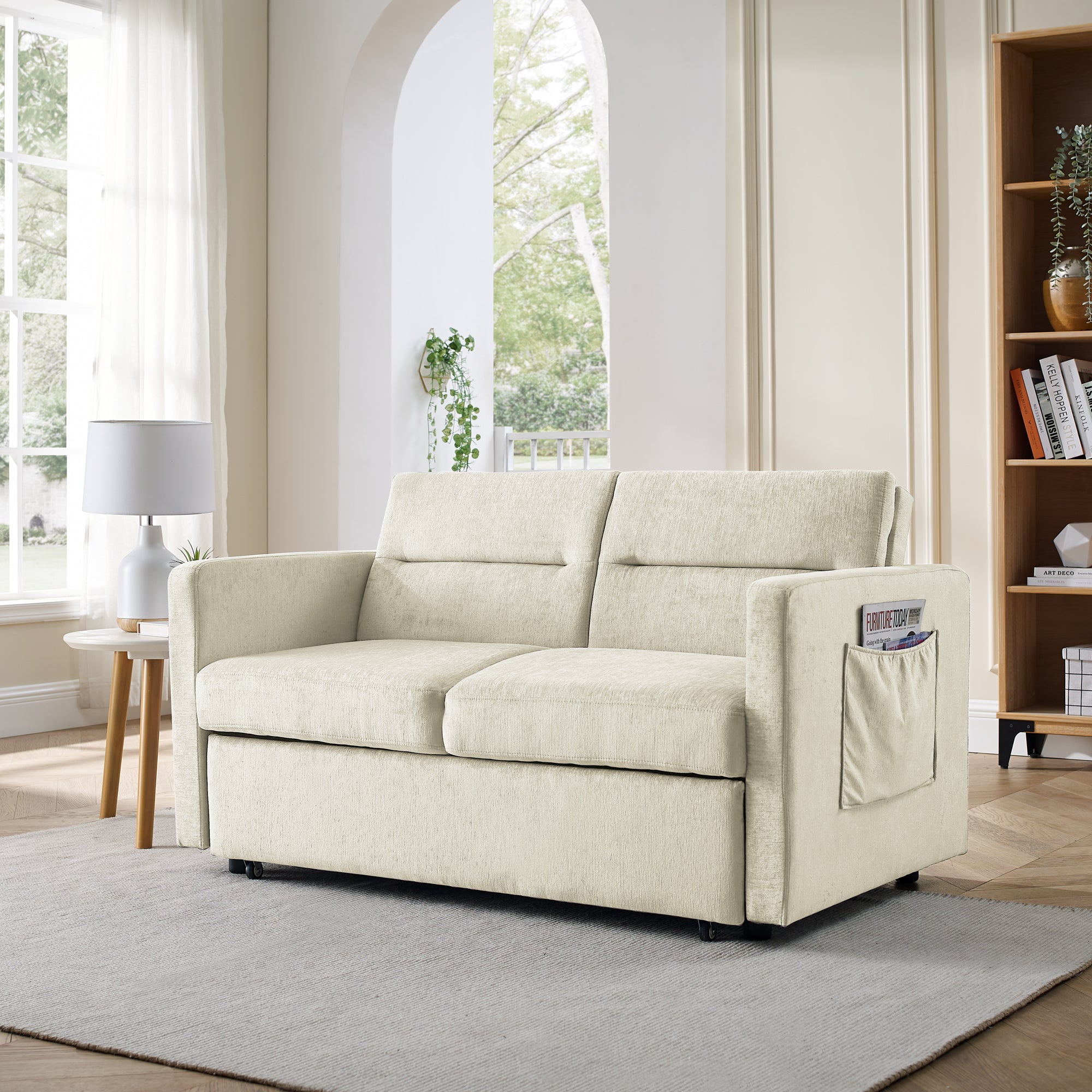 Loveseats Sofa Bed With Pull-Out Bed,Adjsutable Back and Two Arm Pocket,Beige (54.5