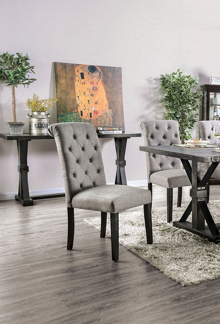 Classic Antique Black / Light Gray Set of 2 Side Chairs Button Tufted Linen Like Fabric Solid Wood Chair Upholstered Scr
