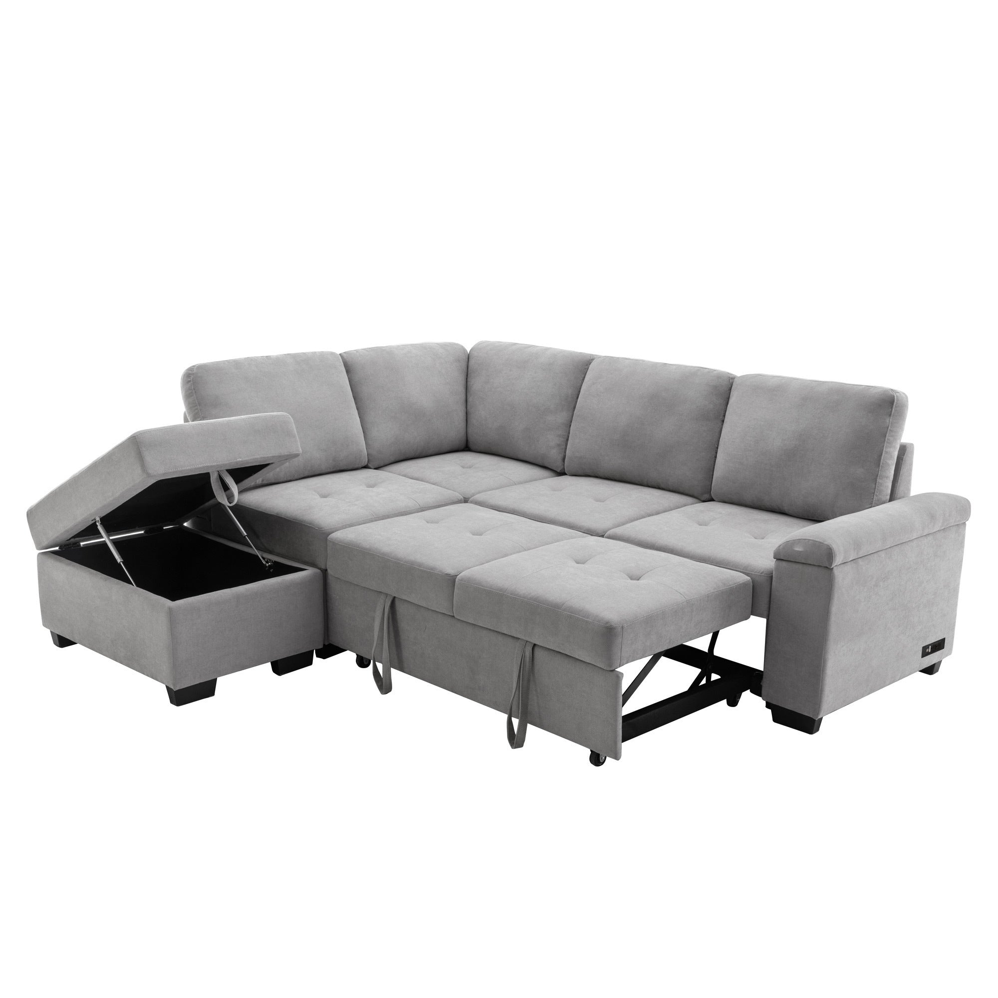 Sleeper Sectional Sofa, L-Shape Corner Couch Sofa-Bed With Storage Ottoman & Hidden Arm Storage & USB Charge  for Living