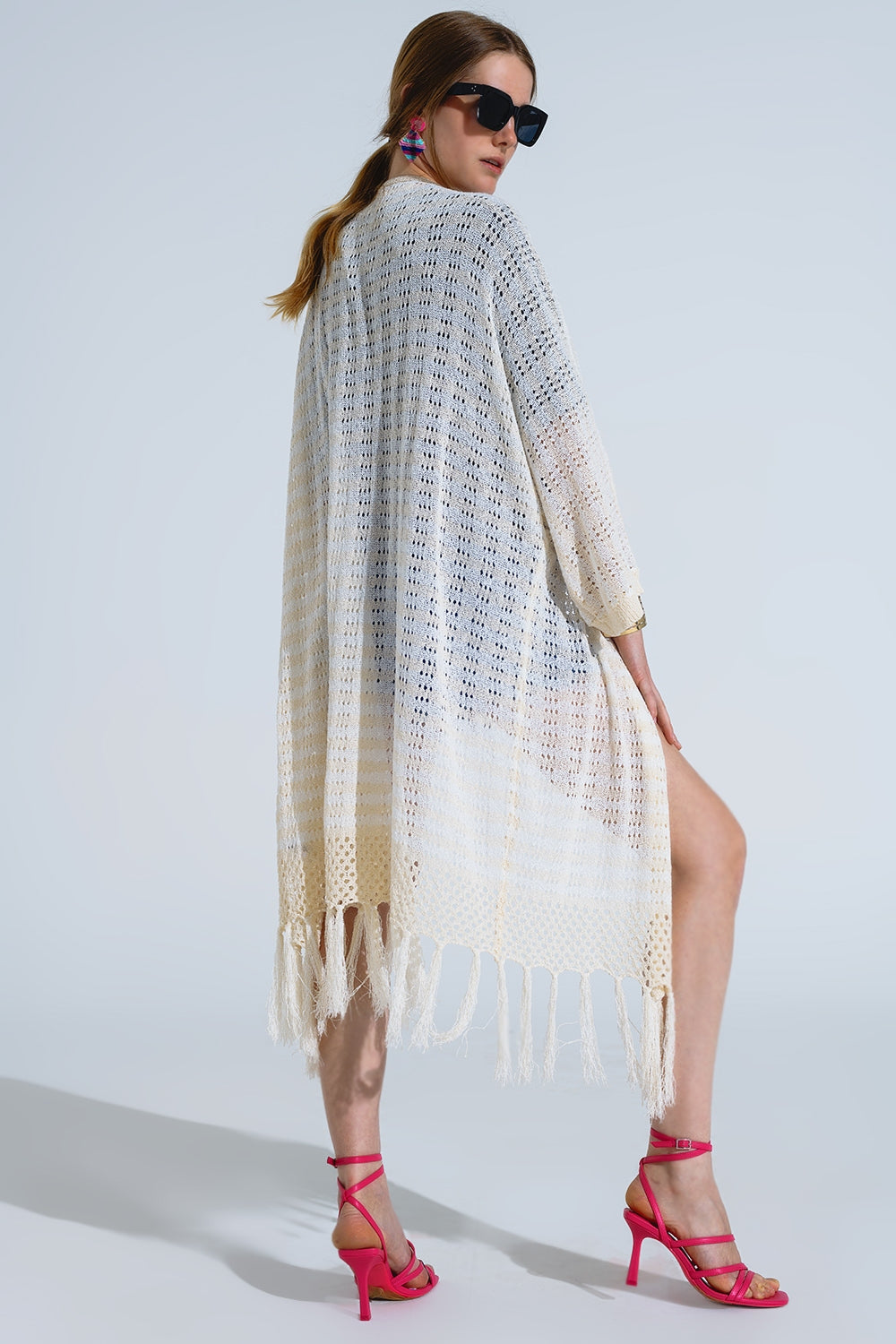 Cream Boho Style Cardigan With Stripes Pointelle Knit and Fringe Details