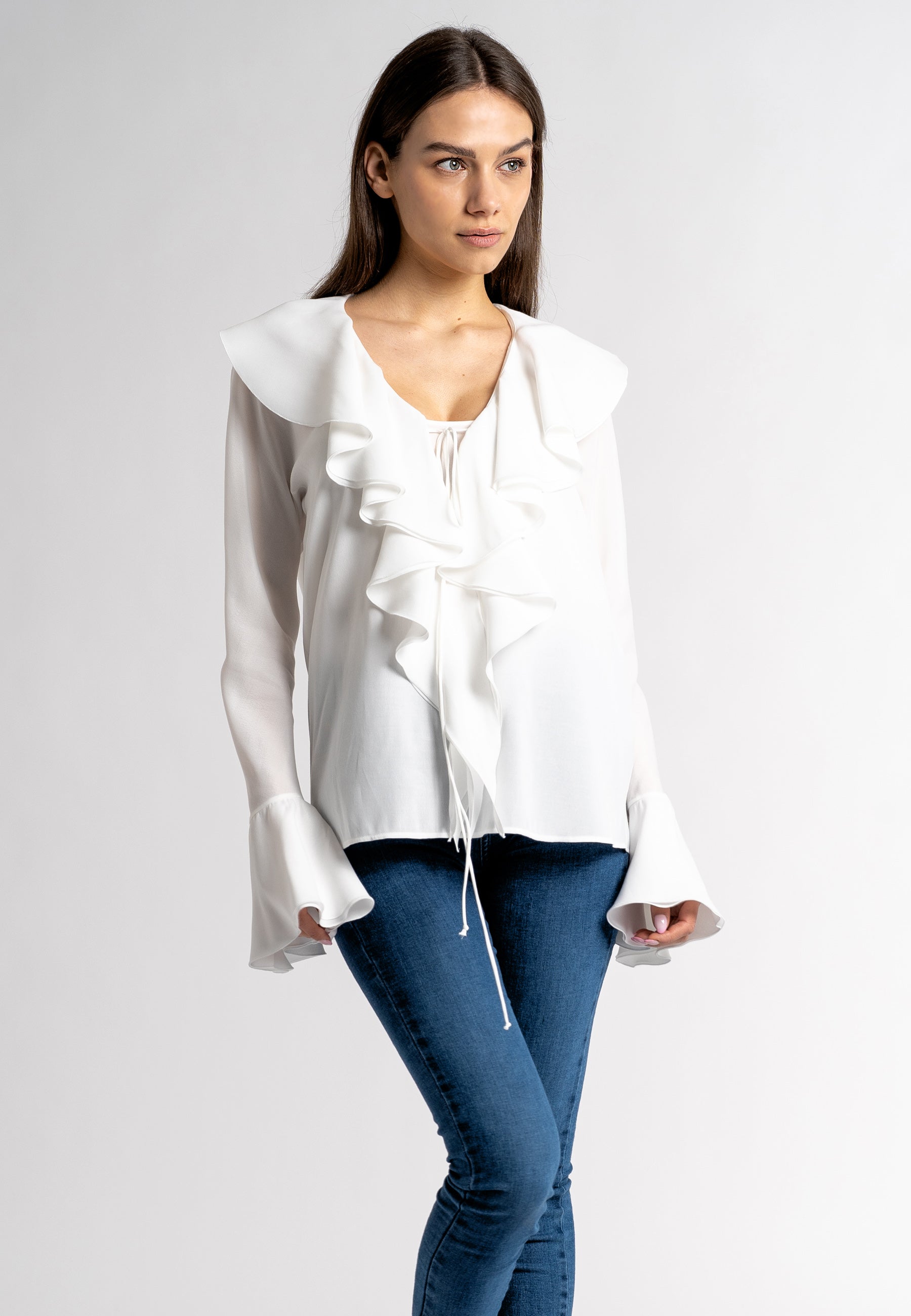 Allegra: White Ruffle Blouse | Long Sleeve Ruffle Tops