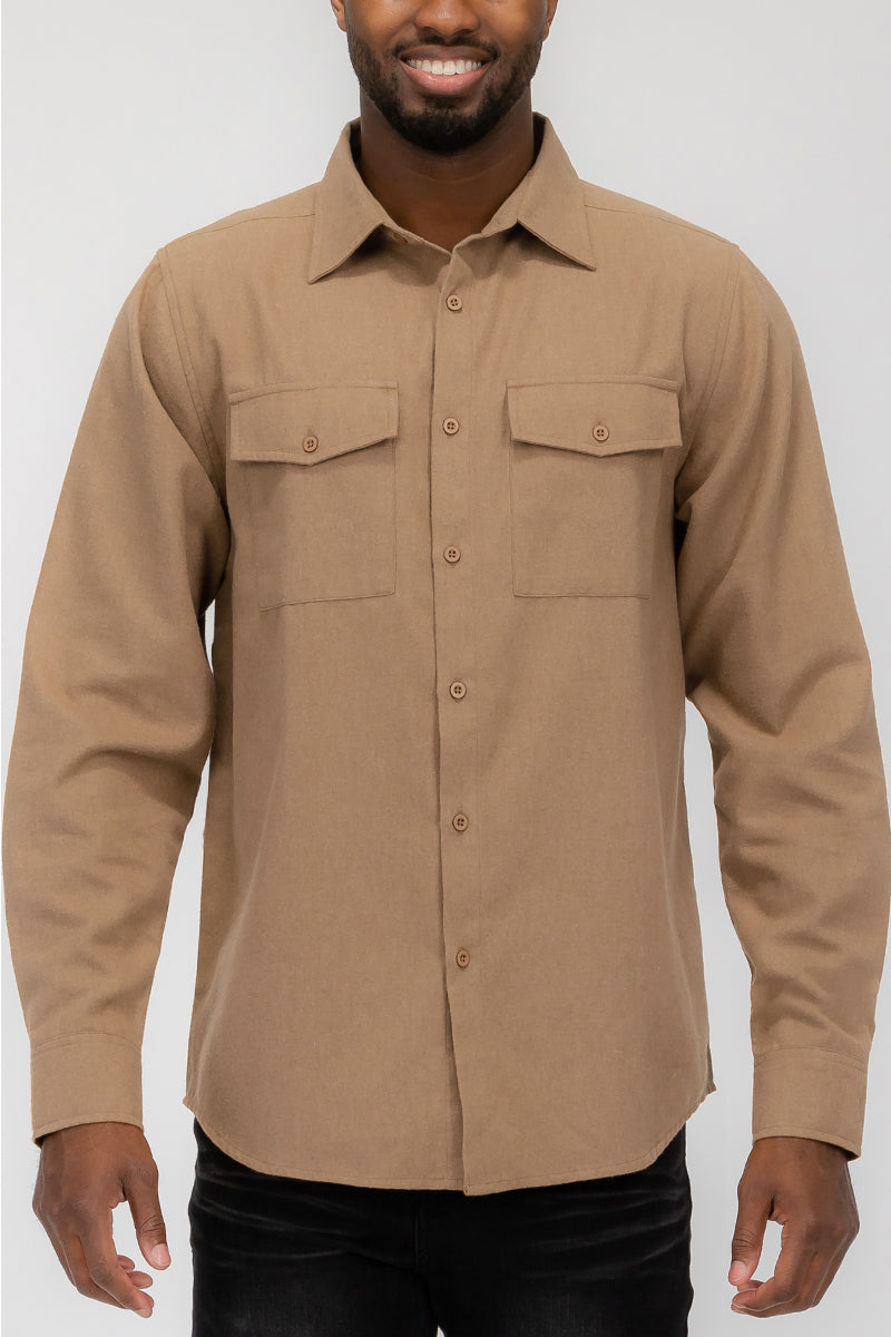 Brushed Solid Dual Pocket Flannel Shirt