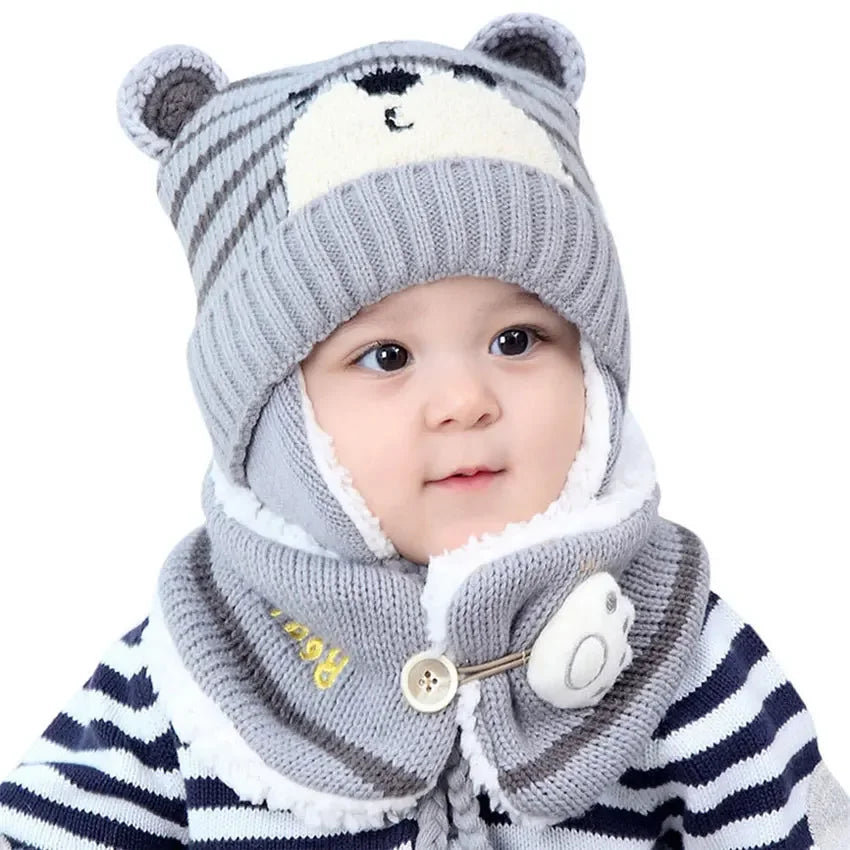 Unisex Kids Cartoon Bear Stripe Hats and Scarf Baby Cap Set Girl Boy Cap Scarf Set Child Winter Earmuffs Hat Scarf Warm Suit