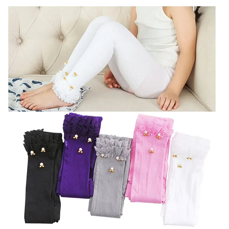 Girls Skinny Leggings Candy Color Lace Ruffles Mickey Beads Leggins for Baby Girl Kids Children Costume Princess Soft