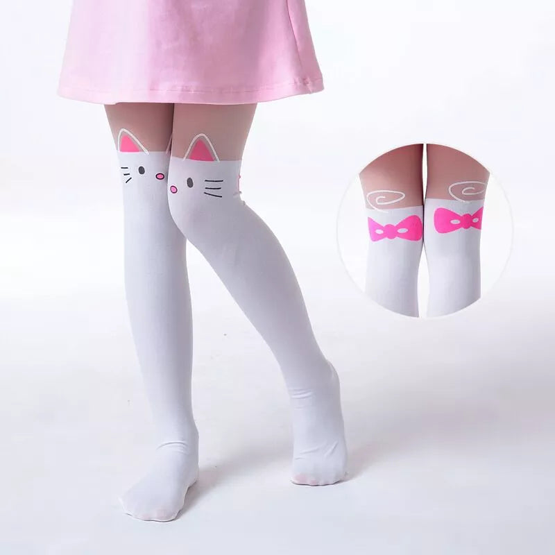 Children's Princess Girl Tights Stockings Baby Cute Pantyhose Kids Tights Knee Fake Velvet Stocking White Cartoon Cat