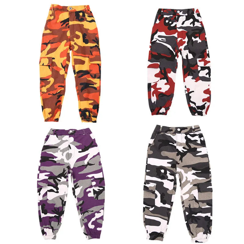 Wine Kid Hip Hop Clothing Camouflage Jogger Pants for Girls Jazz Dance Wear Costume Ballroom Dancing Clothes Stage Outfits Suit